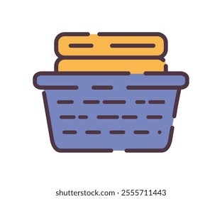 Folded clothes in laundry basket icon illustration. Flat line color icon of a laundry basket containing neatly fold ideal for laundry or household related illustrations. 