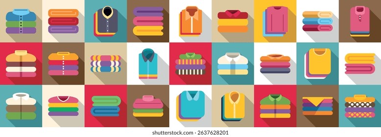  Folded clothes stack icons set. Colorful stacks of folded shirts, sweaters, and towels create a visually appealing representation of organization, tidiness, and laundry care