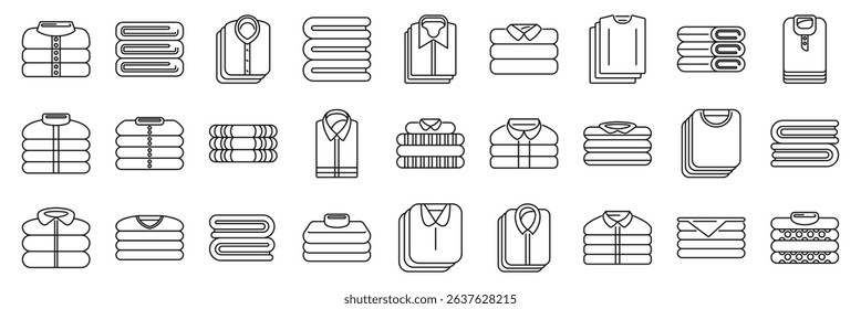  Folded clothes stack icons set. Neat stacks of folded shirts, sweaters, and towels symbolize organization, laundry, and clothing storage