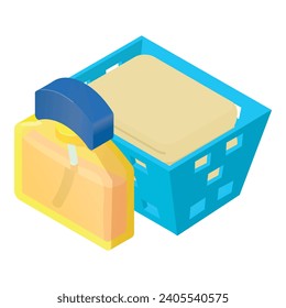Folded clothing icon isometric vector. Stack of washed clothes and perfum bottle. Clean clothes, household