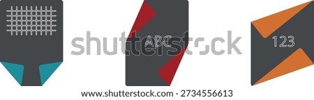 Folded colored school paper with the alphabet and numbers. Squared paper. Office paper with valuable documents, sheets of paper with text, assets and finances, an accounting report, vector web icons