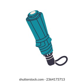 Folded compact collapsible umbrella with handle. Rainy weather accessory with foldable canopy. Rain protection, tied closed parasol. Flat vector illustration isolated on white background