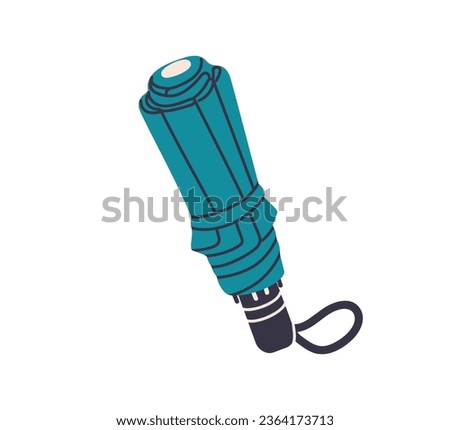 Folded compact collapsible umbrella with handle. Rainy weather accessory with foldable canopy. Rain protection, tied closed parasol. Flat vector illustration isolated on white background