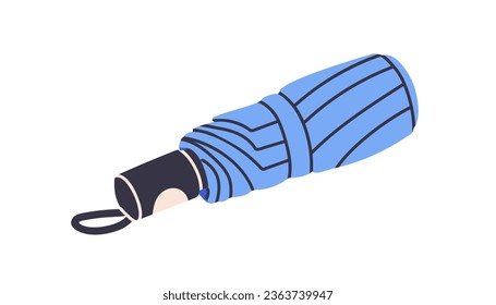 Folded compact collapsible umbrella. Rain protection accessory, closed and tied, foldable canopy, string loop. Flat vector illustration isolated on white background