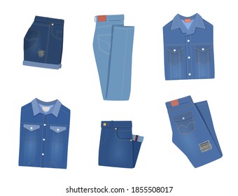 Folded denim clothes. Trendy various fashion jeans garment blue shorts, breeches and pants, jacket, shirt and overalls. Cotton stylish casual clothing different types collection vector isolated set