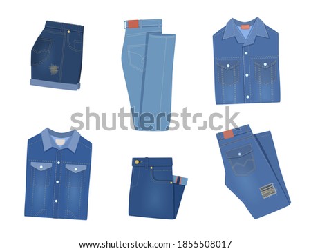 Folded denim clothes. Trendy various fashion jeans garment blue shorts, breeches and pants, jacket, shirt and overalls. Cotton stylish casual clothing different types collection vector isolated set