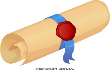 Folded diploma with ribbon and seal isolated on white background in realistic cartoon style.