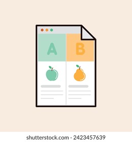 Folded document icon with A - B test with an apple and pear concept vector line art. Iconic flat green and yellow design ready to illustrate creative business, marketing, ux, sales and business projec