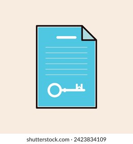 Folded document icon with big key inside and W in the bit zone for the concept of keywords. Iconic flat blue background vector line art design ready to illustrate marketing, seo, sales and business