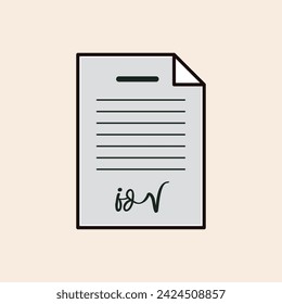 Folded document icon with big signature and copywriting lines vector line art. Iconic flat grey design ready to illustrate marketing and business reports among others
