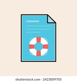 Folded document icon with float support inside, vector line art. Iconic flat blue design ready to illustrate customer support, security attention and business projects among others