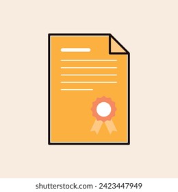Icono de documento doblado con insignia de la firma de la garantía de la línea vectorial. Icónico diseño amarillo plano listo para ilustrar proyectos de marketing, ux, educación y negocios, entre otros
