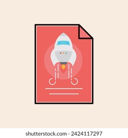 Icono de documento doblado con un diseño de línea vectorial de despegue de cohetes. Icónico diseño rojo plano listo para ilustrar el lanzamiento o inicio de un proyecto, marketing y consultoría entre otros