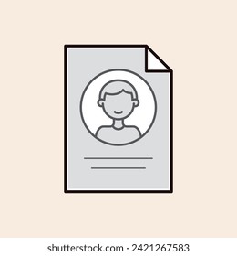 Folded document icon with user man persona avatar concept inside. Iconic flat grey color illustration vector line art. Ready for marketing, ux and business projects, among others.