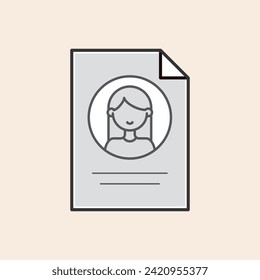 Folded document icon with user woman persona avatar concept inside, vector line art. Iconic flat grey color illustration ready for marketing, ux and business projects, among others.