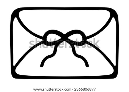 Folded envelope with a letter. Sketch. The sealed message is tied with a bow with wavy ends. Vector illustration. Doodle style. Outline on isolated background. Coloring book for children. 