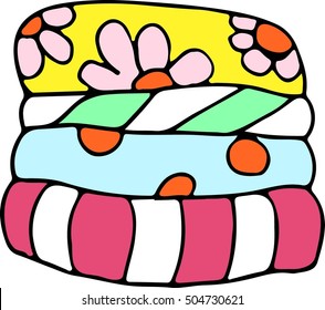 Folded fabric vector in retro cartoon doodle pop style, clean clothes stack colorful laundry heap on white background in blue yellow and bright pink patterns