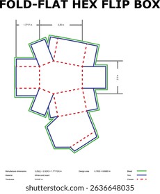 Folded flat hexagonal flip box template illustration with dimensions and guidelines