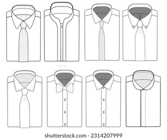 Folded formal shirt flat sketch illustration with front and back view, Band Collar, Round collar and cutaway collar shirt with French placket and  hidden placket shirt cad drawing template