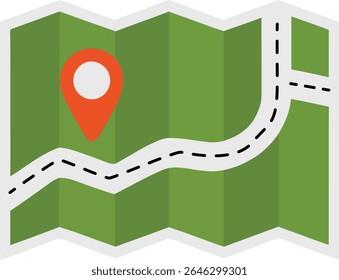 Mapa verde doblado con pin de ubicación naranja y Vector de carretera blanco