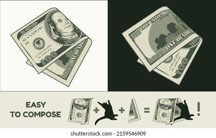 Folded in half american 100 dollar banknote with front and reverse side. Falling banknote. Cash money. Divided into two parts to design easy. Detailed vector illustration