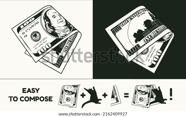 Folded in half american 100 dollar banknote\
with front and reverse side. Falling banknote. Cash money. Divided\
into two parts to design easy. Detailed black and white monochrome\
vector illustration