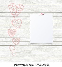 Folded in half leaflet. Mock up template vector illustration isolated on white. Set of hand drawn red hearts with cells, polka dots, triangles, lines on white wood. Greeting card on valentines day.