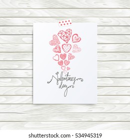 Folded in half sheet of paper with valentines day quote and set of red hearts. Mock up template vector illustration on wooden background. Hand drawn red hearts. Flyer, booklet, poster concept