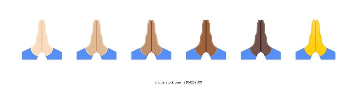 Folded hands emoji set. Vector icon. Folded hands of various skin tones. Human Hands Folded in prayer. Clasped hands. Mudra Namaste. Appeal to heaven, request for donate