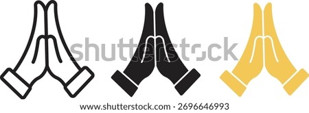 Folded hands gesture icon set. Collection of respect, worship, and meditation hand icons for graphic design, isolated on transparent background. Praying or namaste gesture symbol vector illustration.