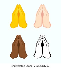 Folded hands icon of various skin tones. Pray gesture emoji vector illustration. 
