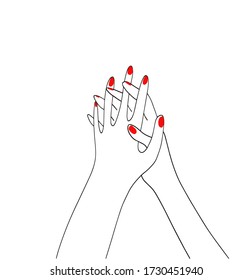 Manos dobladas con dibujo lineal de manicura roja. Ilustración vectorial moderna para camisetas, sudaderas u otras prendas de vestir. Para tarjetas, carteles, pegatinas y diseño profesional.
