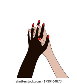 Folded hands with red manicure linear drawing. White female hands and a black American hold fingers together in a world of unity and racial love and understanding in a tolerance and racial diversity.