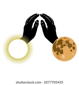 Folded hands as sun and moon. Balance of opposites. Creative concept. Isolated vector illustration.