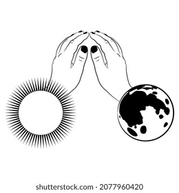 Folded hands as sun and moon. Balance of opposites. Creative concept. Isolated vector illustration. Black and white negative silhouette.