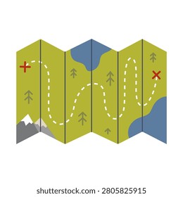 Folded hiking map with marked route. Navigation equipment for camping, trekking, hiking and outdoor travel