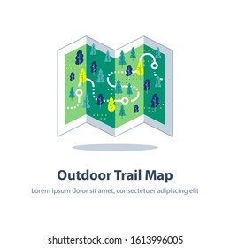 Folded Hiking Or Trekking Map, Forest Trail, Running Or Cycling Path, Orienteering Game, Landscape With Hills And Trees, Ecological Footpath, Vector Flat Design Illustration