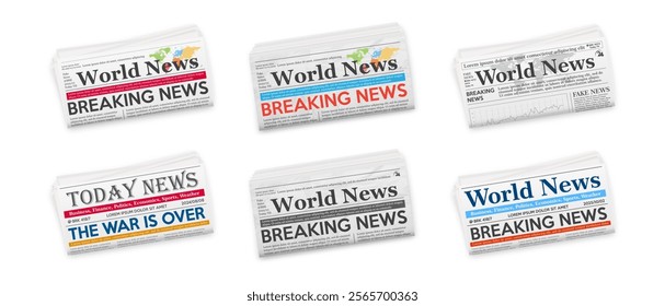 Folded horizontal newspapers isolated on white background. Collection newspaper World and daily news template. Mockup realistic Vector illustration.