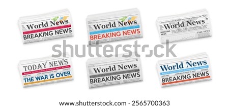 Folded horizontal newspapers isolated on white background. Collection newspaper World and daily news template. Mockup realistic Vector illustration.