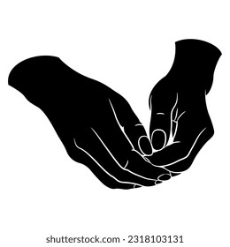 Folded human hands. Black and white negative silhouette. Cartoon style. Isolated vector illustration.