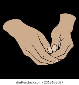 Folded human hands. Cartoon style. On black background.