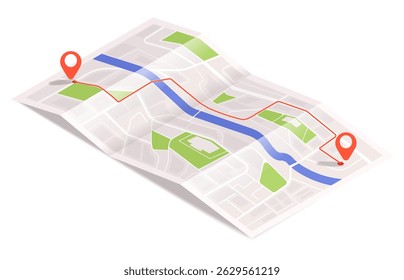 Mapa de cidade isométrico dobrado com rio, zonas verdes, linha de rota vermelha e dois pinos de localização no fundo branco. Conceito de navegação. Ilustração vetorial