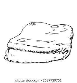 Folded linen napkin, black and white ink sketch. Vector illustration. Kitchen towel, insulated on a white background. It is drawn in a simple style. For food, cuisine, catering, and cleaning.