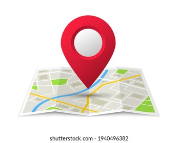 Folded location map with marker. City map with pin pointer. GPS navigation map with city street roads. Vector illustration.