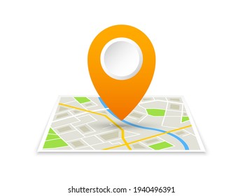 Folded location map with marker. City map with pin pointer. GPS navigation map with city street roads. Vector illustration.