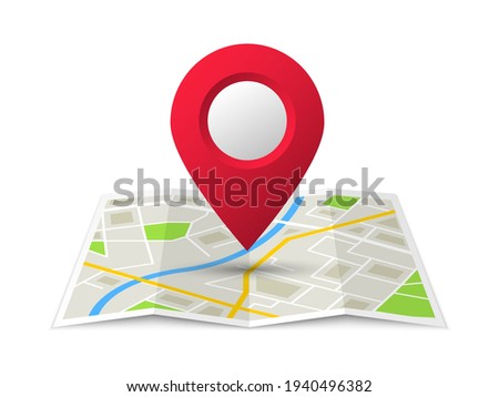 Folded location map with marker. City map with pin pointer. GPS navigation map with city street roads. Vector illustration.