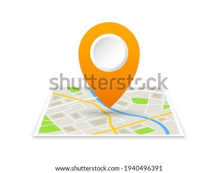 Folded location map with marker. City map with pin pointer. GPS navigation map with city street roads. Vector illustration.