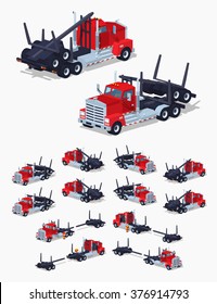 Folded log truck. 3D lowpoly isometric vector illustration. The set of objects isolated against the white background and shown from different sides