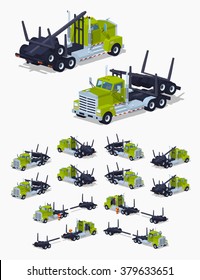 Folded log truck. 3D lowpoly isometric vector illustration. The set of objects isolated against the white background and shown from different sides
