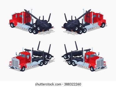 Folded log truck. 3D lowpoly isometric vector illustration. The set of objects isolated against the white background and shown from different sides